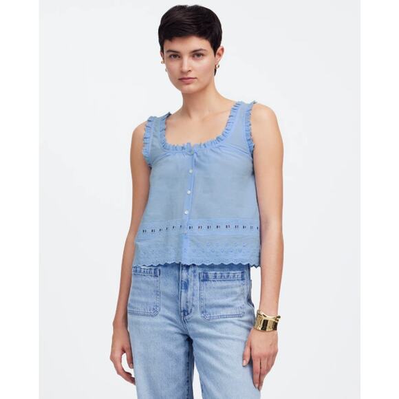 Madewell Embroidered Ruffle-Trim Top WMNS M Periwinkle Blue Button-Up Scoop Neck - Picture 1 of 8
